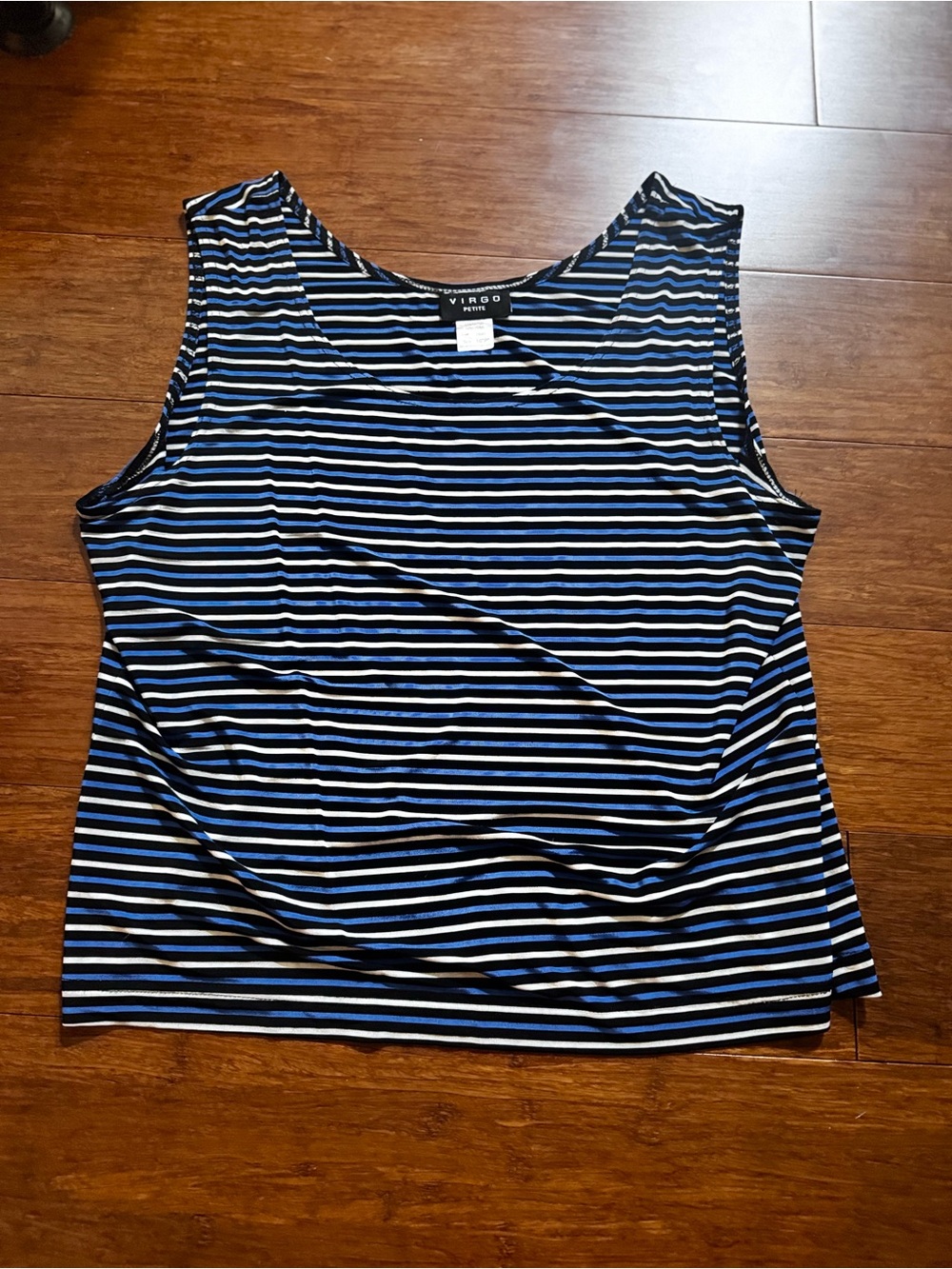Virgo Petite Striped Sleeveless Tank Top Blouse Stripes Print Black White Blue
